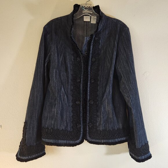 Emma James Black Denim, Mandarin Collar, Velvet Trim LS Jacket Sz 6 - Picture 1 of 16